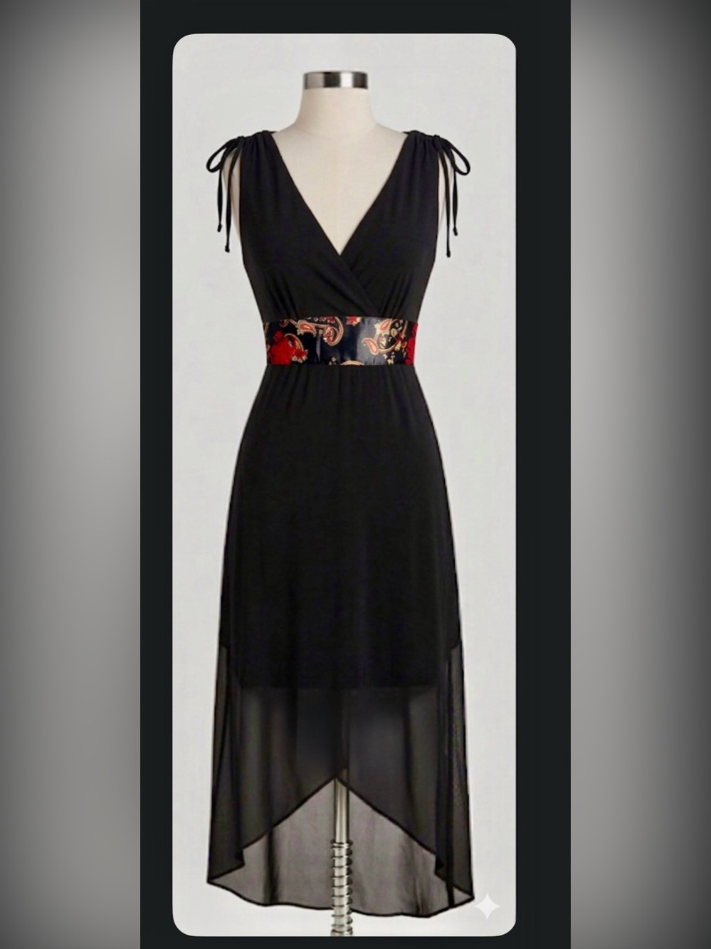 Black High-Low Dress w/ Floral & Black Sash, Conched Shoulder Ties - Size Medium